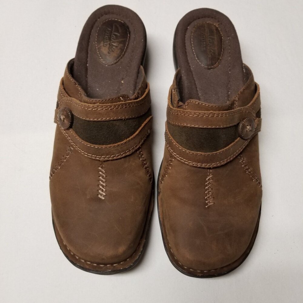 CLARKS Artisan Clog Mule Sz 10 Womens  Brown Leather Shoe Slip On Button Slide